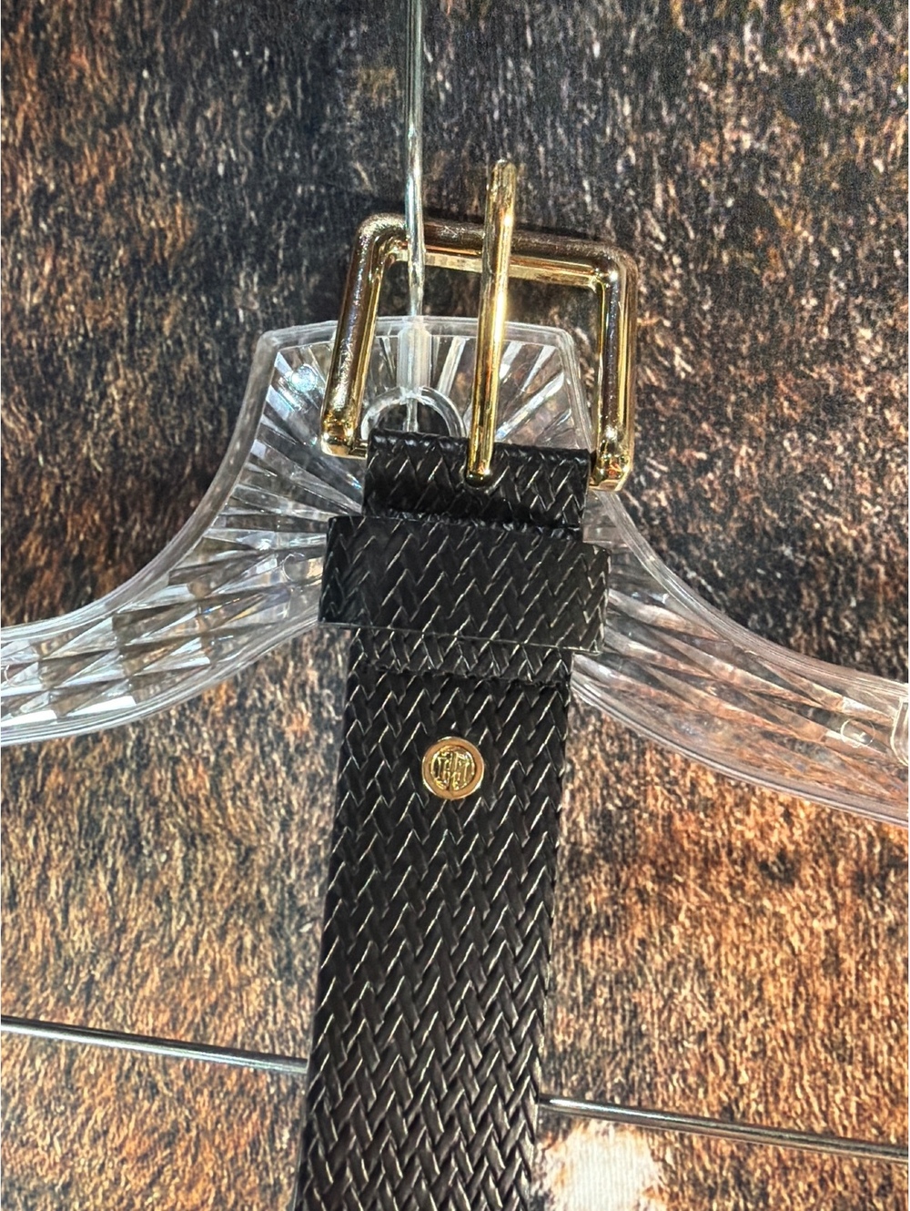 Tommy Hilfiger Black Woven Leather Belt with Gold Buckle